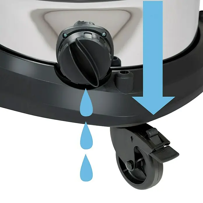 Herkules Elektro-Nass- & Trockensauger H-NT 50 Inox - 1.600 W, 50 l - Bild einer Nass- und Trockensauger-Ablassschraube mit einem blauen Pfeil nach unten, um die Entleerung des Behälters zu veranschaulichen.