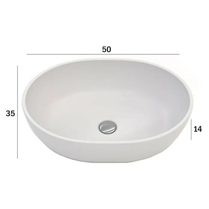 Camargue Lavabo de sobremesa Bali - 50 x 35 cm, Sin desbordamiento, Negro - Imagen de un moderno lavabo sobre encimera ovalado en blanco con indicaciones de tamaño. El lavabo impresiona por su diseño simple y contemporáneo.