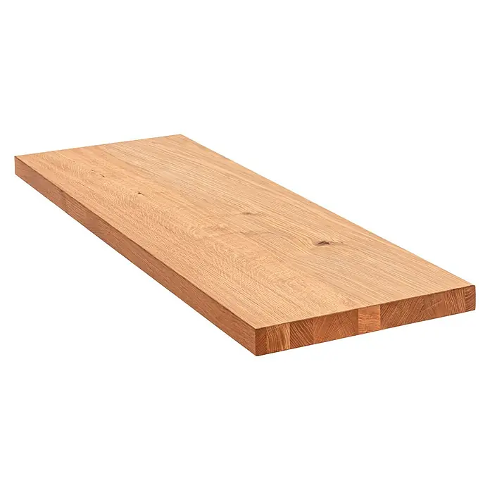 Pur Iternal Select Bankplatte Vintage - 110 x 35 x 4 cm, Eiche - Nahaufnahme einer rechteckigen, hellbraunen Holzplatte mit einer markanten Maserung und einer stabilen, verleimten Kante.