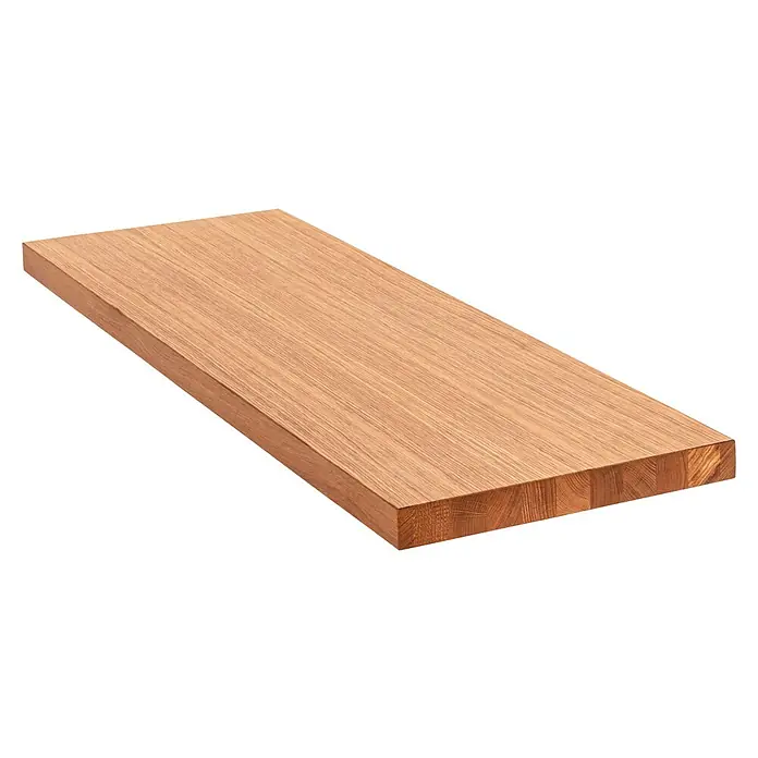 Pur Iternal Select Bankplatte - 110 x 35 x 4 cm, Eiche - Nahaufnahme einer massiven Eichenholzplatte mit gut sichtbarer Maserung, ideal für Möbelbau oder Innenausbau. Robuste und natürliche Optik.