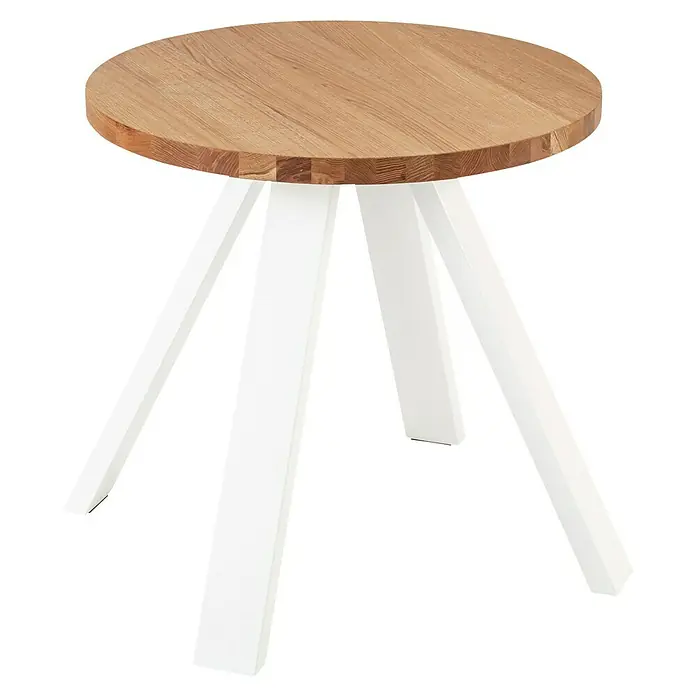 Pur Iternal Select Tablero de mesa redondo - 80 cm, Espesor: 4 cm, Roble - Esta mesa auxiliar presenta una tapa redonda de madera y una base blanca de tres patas. Su diseño simple la hace versátil para varios espacios.