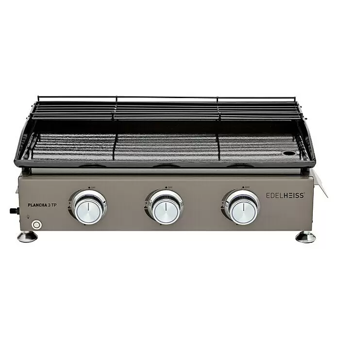 Edelheiss Plancha-Grill - Grillfläche (B x T): 63 x 34 cm, Taupe, 7,5 kW - Graue Gas-Plancha mit schwarzer Kochplatte und drei silbernen Bedienknöpfen.