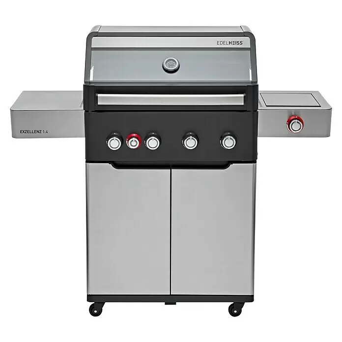 Edelheiss Gasgrill Exzellenz 1.4 - Grillfläche (B x T): 68 x 45,5 cm, 16,8 kW, Anzahl Brenner: 4 Stk. - Gasgrill aus Edelstahl und Schwarz, mit Deckel, Thermometer, mehreren Drehknöpfen, Seitenablagen und Unterschrank auf Rollen.