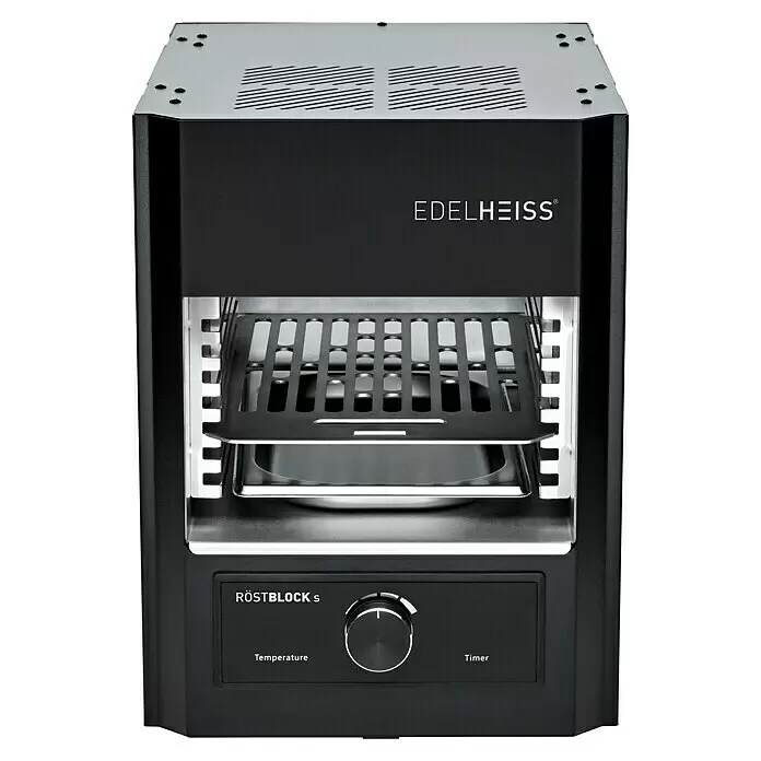 Edelheiss Elektrogrill Röstblock - Grillfläche (B x T): 18,5 x 30 cm, 1,6 kW, Anzahl Brenner: 1 Stk. - Kompaktes, matt-schwarzes Röstgerät mit silberner Oberseite, Grillrost und Bedienfeld für Temperatur und Timer.