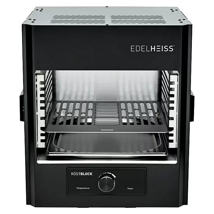 Edelheiss Barbacoa eléctrica Röstblock - Superficie de la parrilla (An x Pr): 28,5 x 30 cm, 2,65 kW, Número de quemadores: 2 ud. - Aparato Edelheiss Röstblock negro con interior plateado, rejilla de parrilla, bandeja recogegrasas y un mando para temperatura y temporizador.
