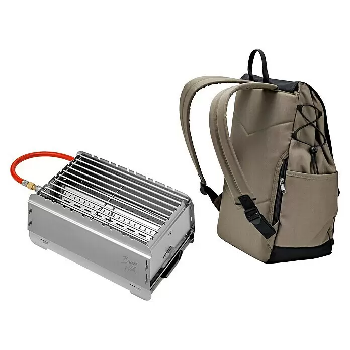 Bruzz Willi Gasgrill BW 1.1 - Wander Edition - Grillfläche (B x T): 39 x 19,5 cm, 3,5 kW, Anzahl Brenner: 1 Stk. - Tragbarer Gasgrill aus Edelstahl mit rotem Schlauch und einem olivgrünen Rucksack.