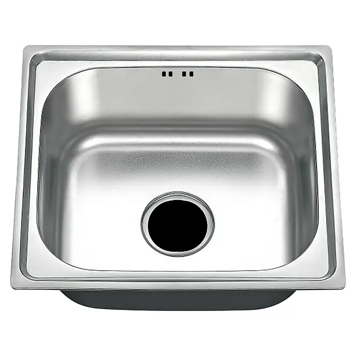 Fregadero encastrable Dado - 40 x 46 cm, Acero inoxidable - Primer plano de un fregadero de acero inoxidable con un orificio para el desagüe. La cubeta es rectangular y tiene esquinas redondeadas.