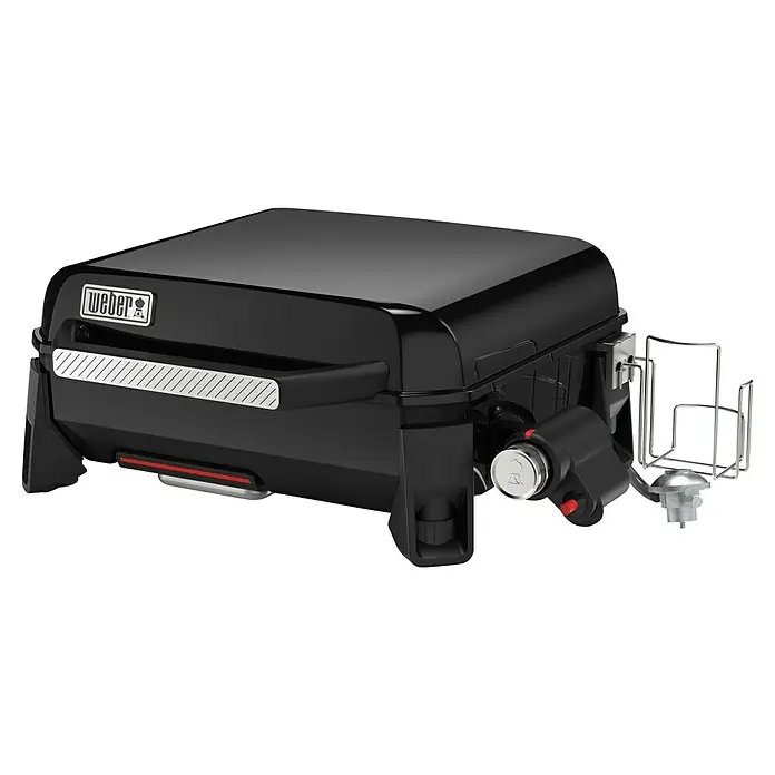 Weber Plancha-Grill Slate GP 43 - Grillfläche (B x T): 43 x 41 cm, 3,7 kW, Schwarz - Das Bild zeigt einen schwarzen Weber-Gasgrill. Der Grill ist kompakt und tragbar, ideal für unterwegs.