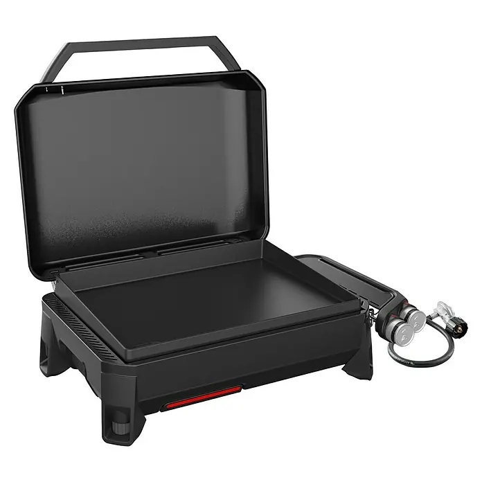 Weber Plancha-Grill Slate GP 56 - Grillfläche (B x T): 56 x 41 cm, 4,7 kW, Anzahl Brenner: 2 Stk. - Schwarzer tragbarer Gasgrill mit offener Haube, ideal für den Einsatz im Freien. Kompaktes Design mit Gasanschluss.