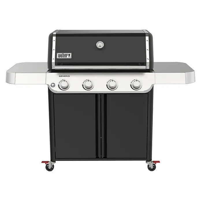 Weber Gasgrill Genesis E-415 - Grillfläche (B x T): 86 x 48 cm, 14,1 kW, Anzahl Brenner: 4 - Hier ist ein Weber Genesis Gasgrill in Schwarz mit vier Brennern, Seitentischen und einem geschlossenen Schrank zur Aufbewahrung.