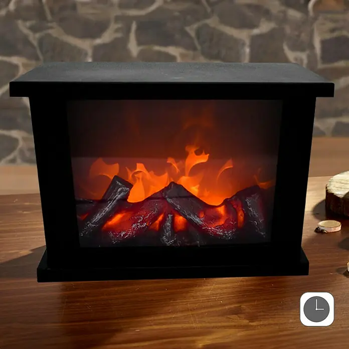 Technoline Dekokamin T 9800 - LED, Batteriebetrieben, Schwarz, 11,5 x 30 x 20 cm - Nahaufnahme eines elektrischen Kamins mit simulierten Flammen und Holzscheiten vor einer Steinmauer.