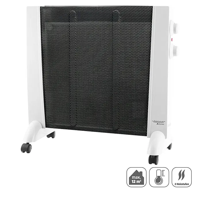 Voltomat HEATING Wärmewellenheizung - 56 x 22 x 53 cm, 1.200 W, Silber/Schwarz - Das Bild zeigt einen Voltomat Heizkörper in Weiß, mit schwarzem Gitter und Reglern an der Seite, ideal für Räume bis 12 m².