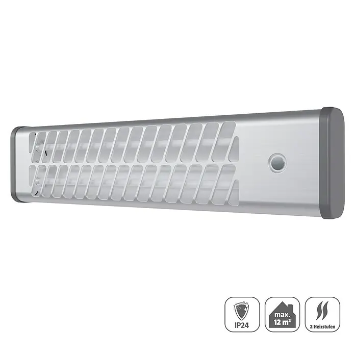 Voltomat HEATING Quarzheizstrahler - 14 x 60 x 13 cm, 1.200 W, Chrom - Abbildung einer silbernen Infrarotheizung zur Wandmontage mit Schutzart IP24, geeignet für Räume bis max. 12 m².
