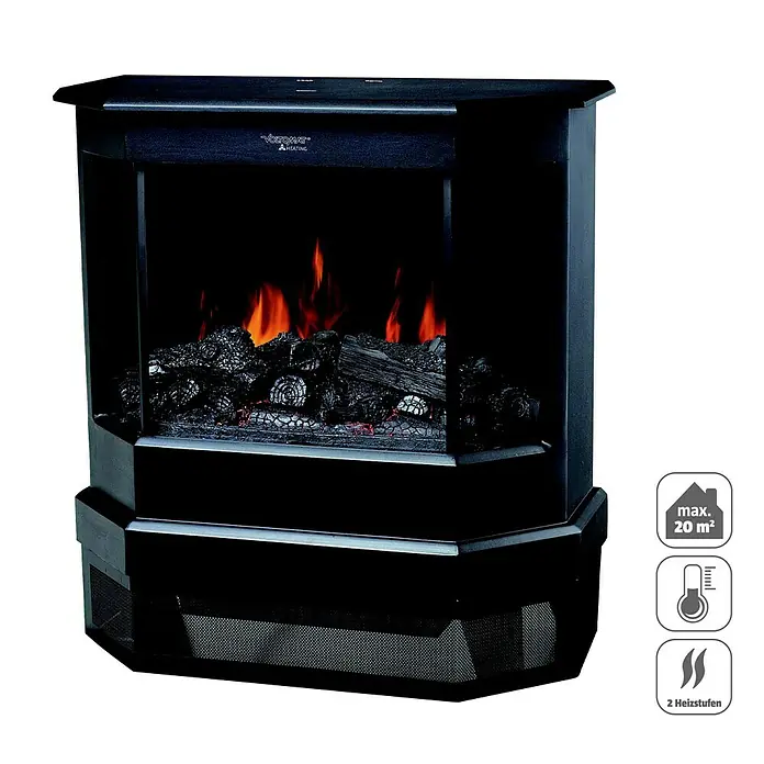 Voltomat HEATING Elektrischer Kamin - 1.850 W, Schwarz, 29 x 59,3 x 63,6 cm - Schwarzer Eckkamin mit elektrischem Feuer, ideal für Wohnräume bis 20 m². Bietet zwei Heizstufen für angenehme Wärme und Atmosphäre.
