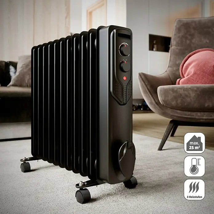 Voltomat HEATING Ölradiator - 2.500 W, Raumgröße bis ca. 25 m², Schwarz - Abbildung eines schwarzen mobilen Ölradiators, der sich ideal zur Beheizung von Räumen bis zu 25 m² eignet und über 3 Heizstufen verfügt.