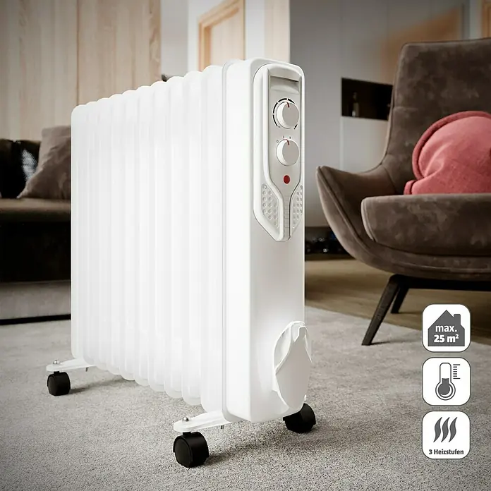 Voltomat HEATING Ölradiator - 2.500 W, Raumgröße bis ca. 25 m², Weiß - Weißer, mobiler Ölradiator mit Bedienelementen und Rollenfüßen, ideal für die Beheizung von Räumen bis 25 m².