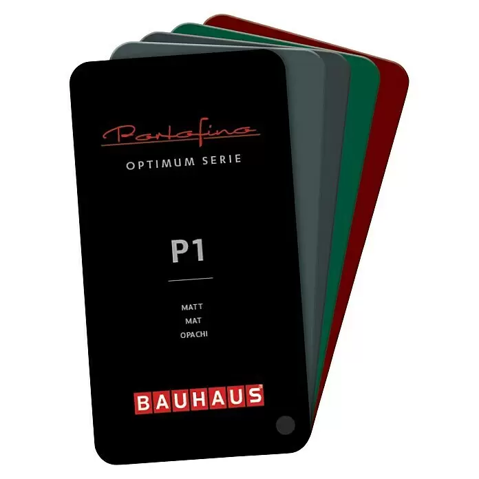Portofino Farbfächer P1 - Passend für: Portofino Optimum Haustüren Matt - Fächerpalette mit fünf Farbmustern; die vorderste schwarze Karte ist mit 'P1 MATT' beschriftet, dahinter weitere Farben.