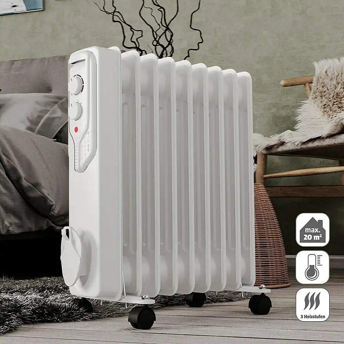 Voltomat HEATING Ölradiator - 2.000 W, Raumgröße bis ca. 20 m², Weiß - Heizkörper mit Thermostat und drei Heizstufen für Räume bis max. 20 m².