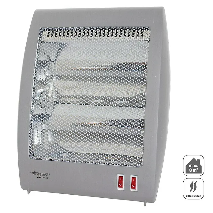 Voltomat HEATING Quarzheizstrahler - 30 x 14 x 33,5 cm, 800 W, Grau - Heizgerät von Voltomata mit Schutzgitter, ideal für Räume bis zu 8 m². Verfügt über zwei Heizstufen für optimale Wärmeregulierung.