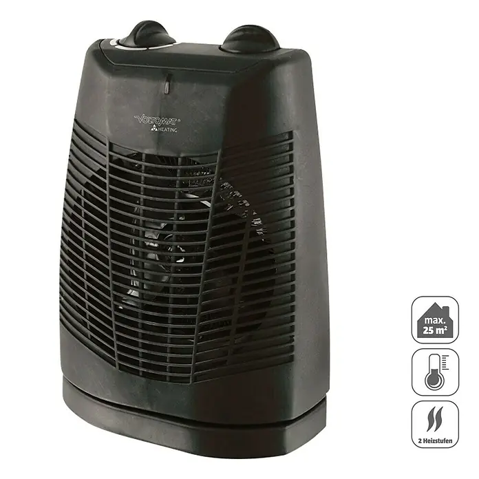 Voltomat HEATING Heizlüfter Swing - 1.000 W - 2.000 W, Schwarz/Grau - Das Bild zeigt einen tragbaren, schwarzen Heizlüfter der Marke VOLTOMAT für Räume bis 25 m². Das Gerät hat zwei Heizstufen und Thermostat.