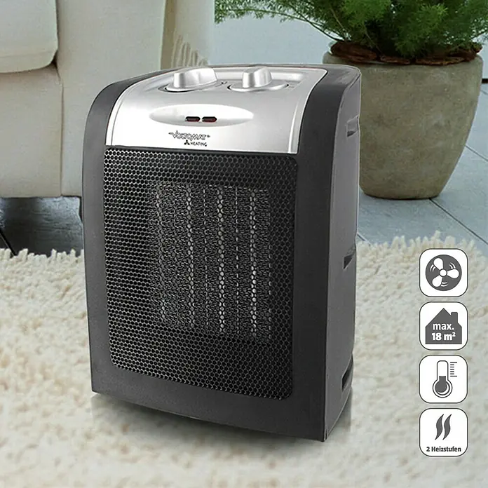Voltomat HEATING Heizlüfter - 900 kW - 1.800 W, Schwarz, 12 x 17 x 22 cm - Heizlüfter: Kompakter, schwarzer Heizlüfter mit silbernen Akzenten, ideal für die Raumheizung mit zwei Heizstufen und Ventilatorfunktion.