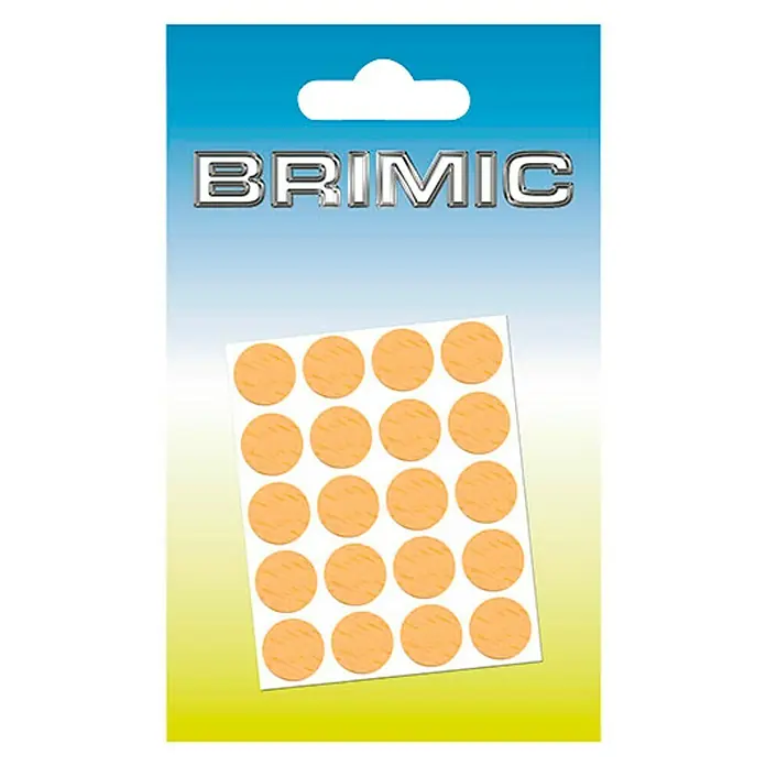 Micel Brimic Tapón embellecedor Haya - Diámetro: 13 mm, Pegado, 20 ud. - Imagen de un paquete BRIMIC con adhesivos redondos de color naranja. Ideal para manualidades y decoraciones.