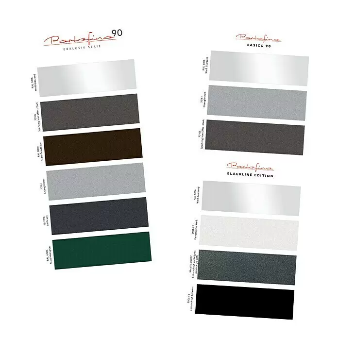 Portofino Farbfächer - Passend für: Portofino Optimum, Portofino Basico 90, Portofino 90 Haustüren - Zwei Farbmusterkarten für die Portofino 90 Serie, mit verschiedenen Lackierungen wie Weiß Glänzend, Sparkling Iron und Feinstruktur Dunkelgrau.