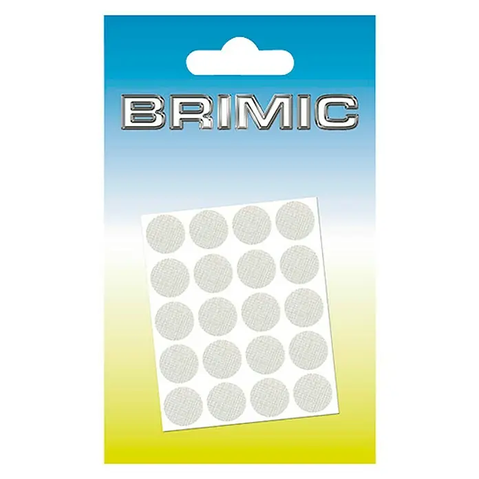 Micel Brimic Tapón embellecedor Textil claro - Diámetro: 13 mm, Pegado, 20 ud. - La imagen muestra un paquete de filtros para audífonos Brimic, pequeñas pegatinas redondas diseñadas para evitar que el cerumen entre en los audífonos.