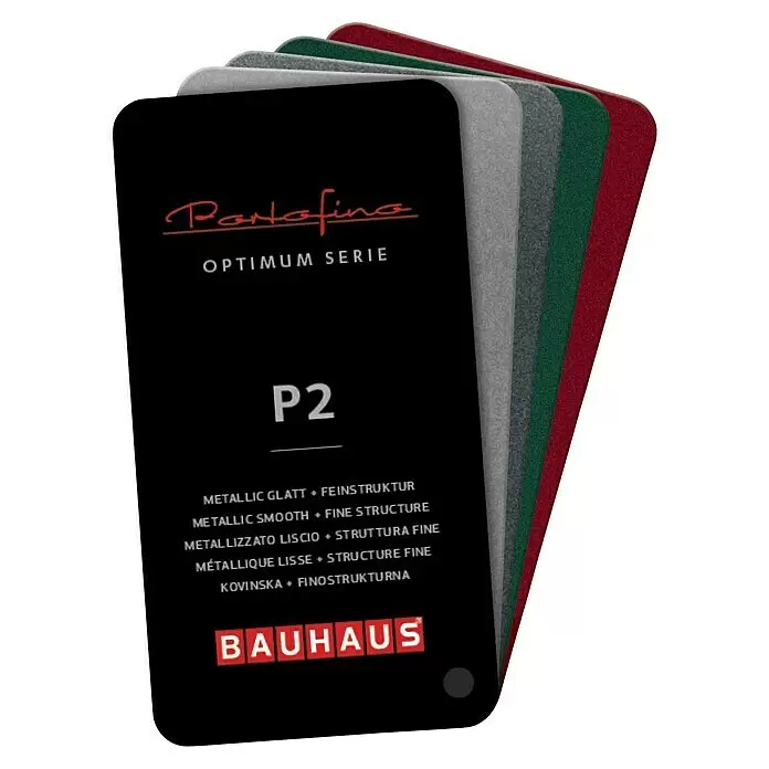 Portofino Farbfächer P2 - Passend für: Portofino Optimum Haustüren Metallic Glatt & Feinstruktur - Metallic-Musterkarten der Portofino P2 Optimum Serie, mit feiner Struktur in Grau-, Grün- und Rottönen zur Materialauswahl.
