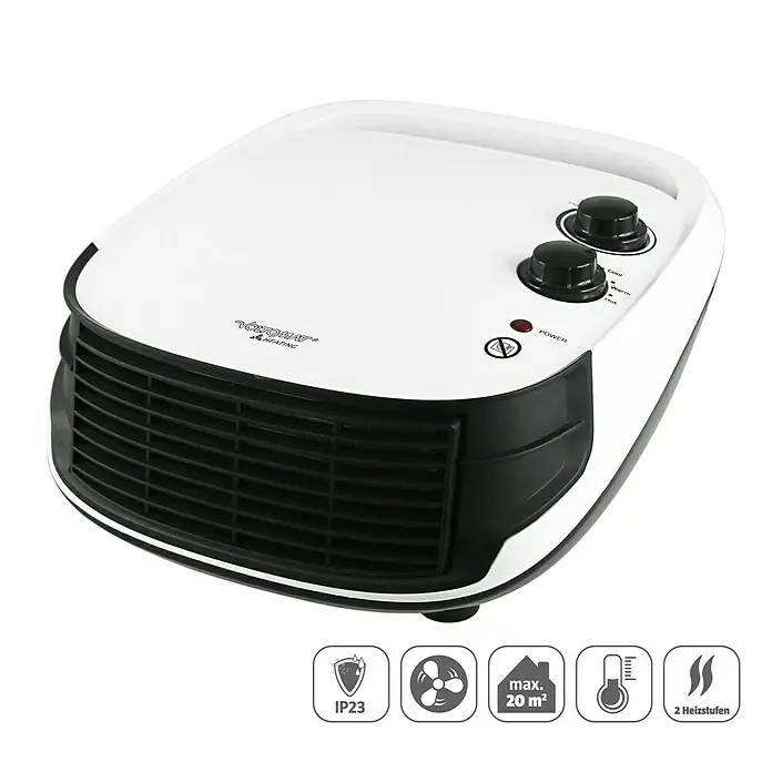 Voltomat HEATING Heizlüfter - 1.000 W - 2.000 W, Weiß, IP23 - Hier ist ein weißer Konvektor Heizlüfter mit zwei Knöpfen und verschiedenen Schutzsymbole unten.