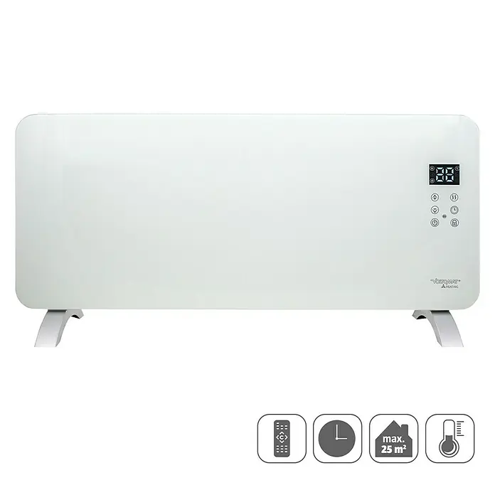 Voltomat HEATING Konvektorheizung - 2.000 W, Raumgröße bis ca. 25 m², Weiß - Bild eines weißen Heizkörpers mit digitaler Steuerung und Fernbedienung. Das Heizgerät steht auf zwei Füßen.