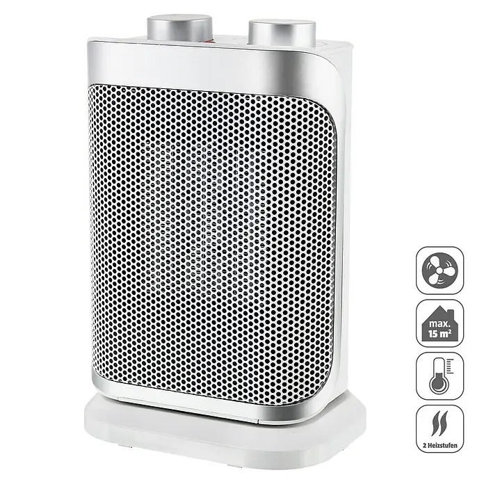 Emerio Heizlüfter - 800 W - 1.500 W, Silber - Abbildung eines tragbaren Keramikheizlüfters in Weiß und Silber. Ideal für kleine Räume mit zwei Heizstufen.