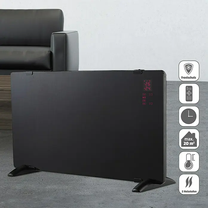 Voltomat HEATING Konvektorheizung - 2.000 W, Raumgröße bis ca. 20 m², Schwarz - Schwarzer Heizkörper mit digitaler Anzeige und Bedienfeld für eine Raumgröße von bis zu 20 m². Inklusive Frostschutz und 2 Heizstufen.