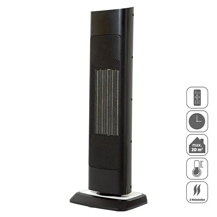 Voltomat HEATING Heizlüfter - 1.000 W - 2.000 W, Schwarz/Silber, 26 x 26 x 76 cm - Schwarzer Turmheizer mit Fernbedienung und Timer, ideal für Räume bis 20 m².