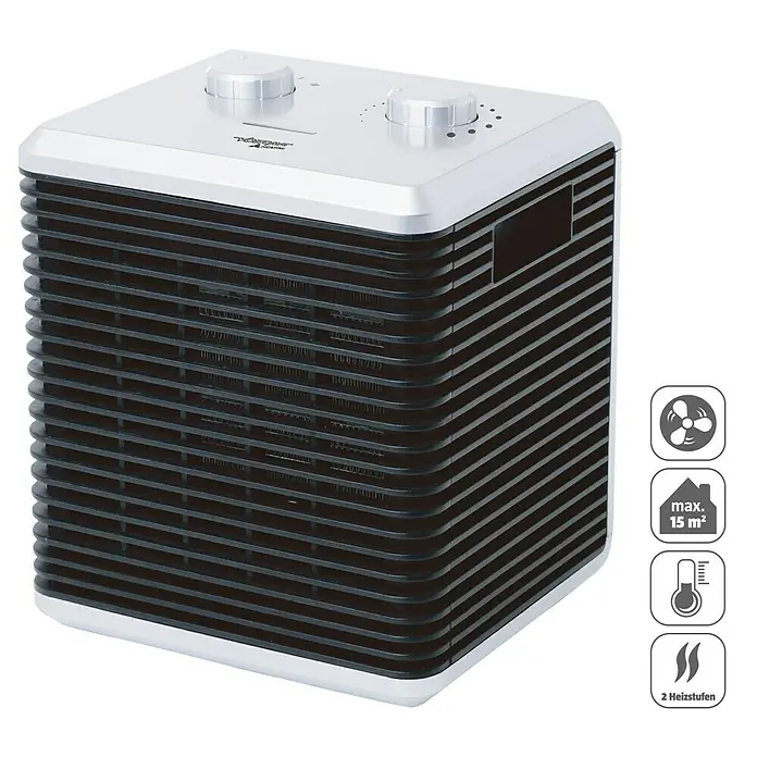 Voltomat HEATING Heizlüfter Cube - 750 kW - 1.500 W, Schwarz/Silber, 18 x 16,5 x 21 cm - Quadratischer Heizlüfter in Weiß mit zwei Drehreglern und Symbolen für Ventilator, Raumgröße, Temperatur und Heizstufen.