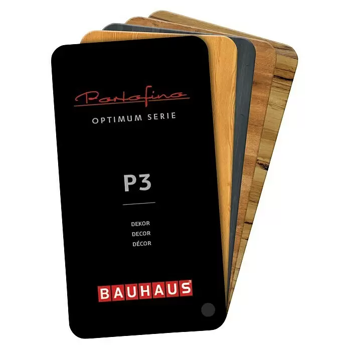 Portofino Farbfächer P3 - Passend für: Portofino Optimum Haustüren Dekor - Stapel Portofino Optimum Serie P3 Bodenmuster, zeigt schwarze Platte und diverse Holzoberflächen.