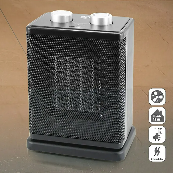 Voltomat HEATING Heizlüfter FH-111907 - 750 kW - 1.500 W, Schwarz, 17,8 x 12,3 x 24,4 cm - Kompakter, schwarzer Keramik-Heizlüfter mit zwei Drehknöpfen zur einfachen Bedienung und Wärmeregulierung. Optimal für kleine Räume.