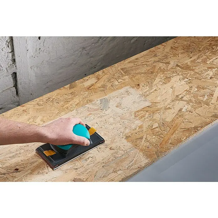 Wolfcraft Schleifpapier - Breite: 115 mm, Körnung: 80 - Handhabung eines Wolfcraft Handschleifklotzes zum Schleifen einer Holzoberfläche. Werkzeug für DIY-Projekte und Holzbearbeitung.