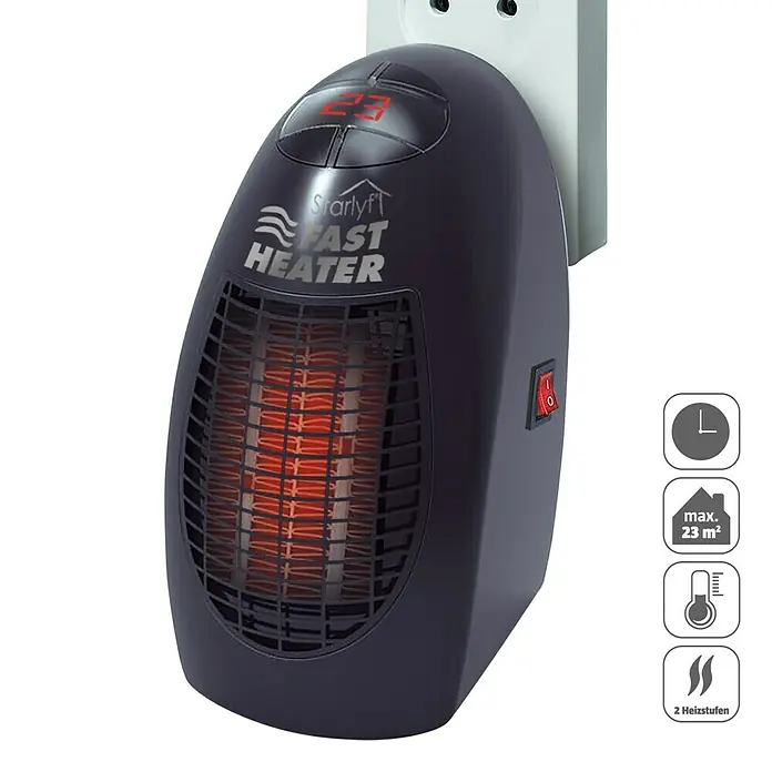 Heizlüfter Starlyf Fast Heater - 400 W, Schwarz - Bild einer Starlyf Fast Heater Mini-Heizung, die an eine Steckdose angeschlossen ist. Ideal für kleine Räume, mit Timer und Temperaturregler.