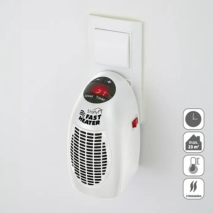 Heizlüfter Starlyf Fast Heater - 400 W, Weiß - Ein kompakter, weißer Starlyf Fast Heater, der an einer Steckdose befestigt ist, mit digitaler Anzeige und verschiedenen Funktionssymbolen.