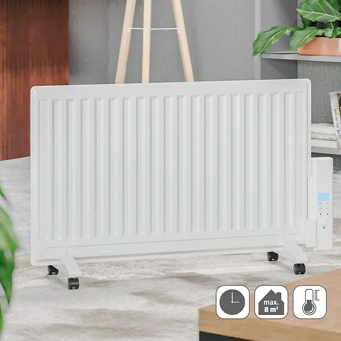 Voltomat HEATING Ölradiator - 800 W, Raumgröße bis ca. 8 m², Weiß - Abbildung eines weißen, tragbaren Heizkörpers mit Rollen, der für Räume bis zu 8 m² geeignet ist und eine Zeitschaltuhr besitzt.