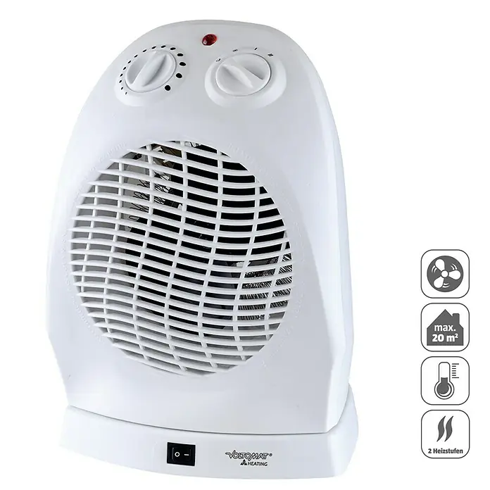 Voltomat HEATING Heizlüfter - 1.000 W - 2.000 W, Weiß, 21,5 x 20 x 29,5 cm - Ein tragbarer, weißer Voltomaten-Heizlüfter mit zwei Drehknöpfen und einem runden Gitter, ideal für kleine Räume.