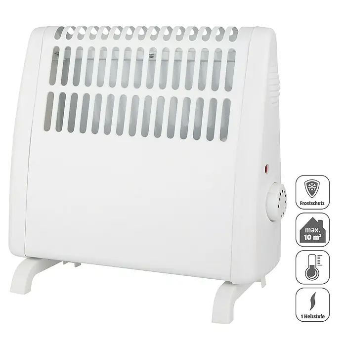 Voltomat Frostwächter - 500 W, Raumgröße bis ca. 10 m², Weiß - Abbildung eines weißen, kompakten Elektroheizers mit Rippen und Drehknopf zur Temperatureinstellung. Optimal für kleine Räume.
