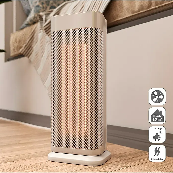 Voltomat HEATING Keramik-Heizlüfter Mini Tower - 2.000 W, Silber, 20,5 x 16,2 x 44,5 cm - Bild eines modernen Heizlüfters in Beige, stehend auf einem Holzboden, mit seitlichen Symbolen für Funktionen.