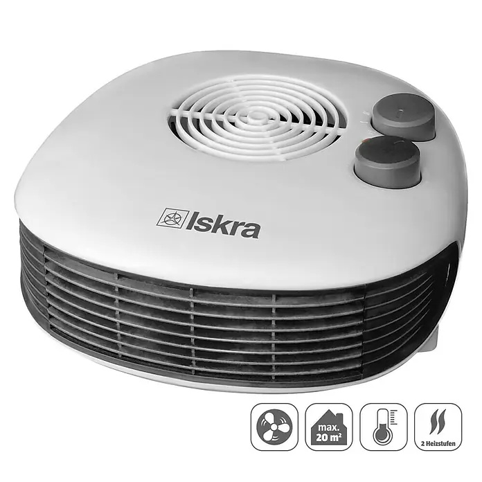 Iskra Heizlüfter FH08 - 1.000 W - 2.000 W, Weiß/Schwarz, IPX0 - Abbildung eines Iskra-Heizlüfters mit zwei Heizstufen, geeignet für Räume bis max. 20 m².
