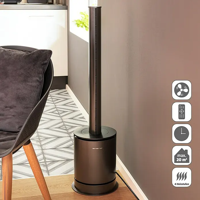 Emerio Standventilator Luftreiniger und Heizlüfter 3in1 - Raumgröße bis ca. 20 m², Dunkelgrau, Höhe: 98,6 cm - Elegante, schlanke Turmheizung in dunklem Metallic-Design. Ideal für Wohnräume bis 20 m², mit 4 Heizstufen und Fernbedienung für Komfort.
