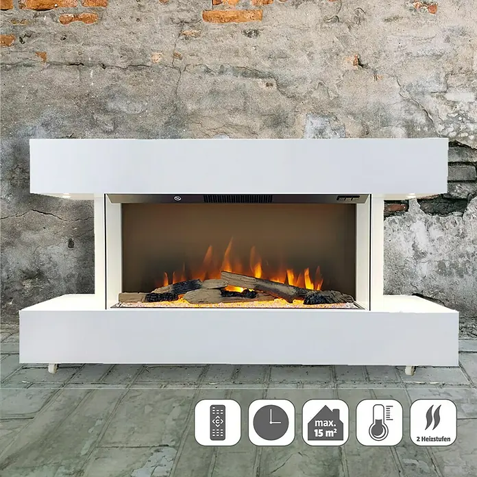 Voltomat HEATING Elektrischer Kamin Göteborg - 1.500 W, Weiß, 26,4 x 120 x 65 cm - Elegantes weißes Kaminfeuer mit lebensechten Flammen. Die perfekte Ergänzung für gemütliche Stunden und stilvolle Raumgestaltung.
