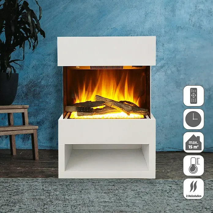 Voltomat HEATING Elektrischer Kamin Malmö - 1.500 W, Weiß, 25,1 x 55,6 x 76 cm - Nahaufnahme eines modernen, weissen Elektrokamins mit simulierten Flammen und Holzscheiten, der Wärme und Ambiente ausstrahlt.