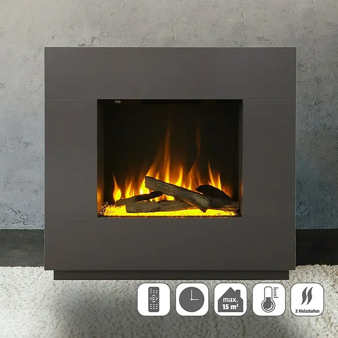 Voltomat HEATING Elektrischer Kamin Kalmar - Grau, 26 x 80 x 76 cm - Das Bild zeigt einen modernen, grauen Elektrokamin mit simulierten Holzscheiten und Flammeneffekt. Die Icons unten weisen auf Funktionen wie Fernbedienung und Timer hin.