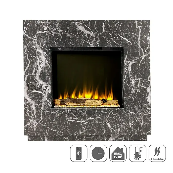 Voltomat HEATING Elektrischer Kamin Kalmar - Schwarz marmoriert, 26 x 80 x 76 cm - Schwarzer Elektrokamin mit Marmoroptik, inklusive Fernbedienung und Timerfunktion für eine gemütliche Atmosphäre.